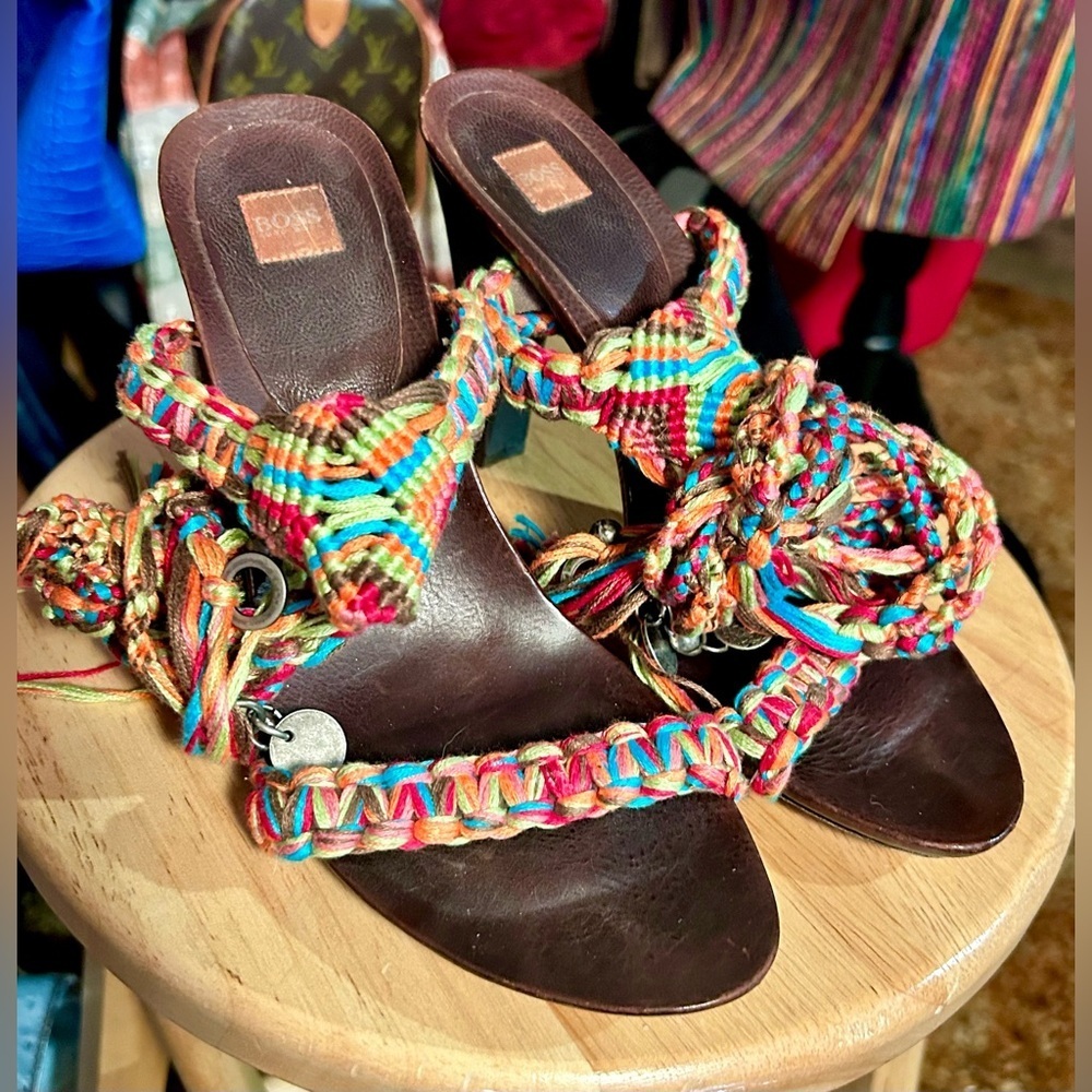 Hugo Boss Braided Multi-color Ankle Wrap Heeled Sandals Sz 7​​ EXCELLENT!
